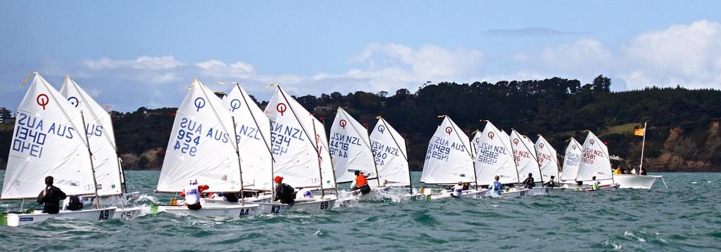 Series winner (4581) gets a big jump at the start of Race 2 - Day 5, 2014 Toyota Optimist Championships, Manly SC photo copyright Richard Gladwell www.photosport.co.nz taken at  and featuring the  class