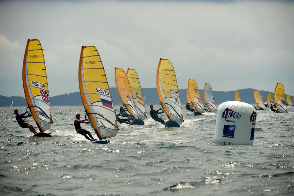 RSX Men, Boris Minaev and Kieran Martin out front - 2014 ISAF Sailing World Cup Hyeres, Day 1 photo copyright  Franck Socha / ISAF Sailing World Cup Hyeres http://swc.ffvoile.fr/ taken at  and featuring the  class