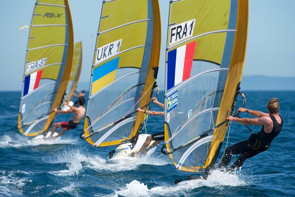 RSX Men, Igor De L'hermite, Maksym Oberemko and Martin  Olmeta - 2014 ISAF Sailing World Cup Hyeres, Day 4 photo copyright  Franck Socha / ISAF Sailing World Cup Hyeres http://swc.ffvoile.fr/ taken at  and featuring the  class