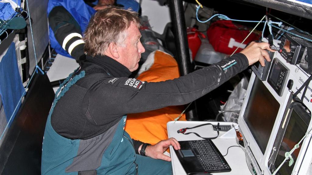 Navigator Andrew Cape from Australia onboard Team Telefonica during leg 1 of the Volvo Ocean Race 2011-12, from Alicante, Spain to Cape Town, South Africa. (Credit: Diego Fructuoso/Team Telefonica/Volvo Ocean Race) photo copyright Volvo Ocean Race http://www.volvooceanrace.com taken at  and featuring the  class