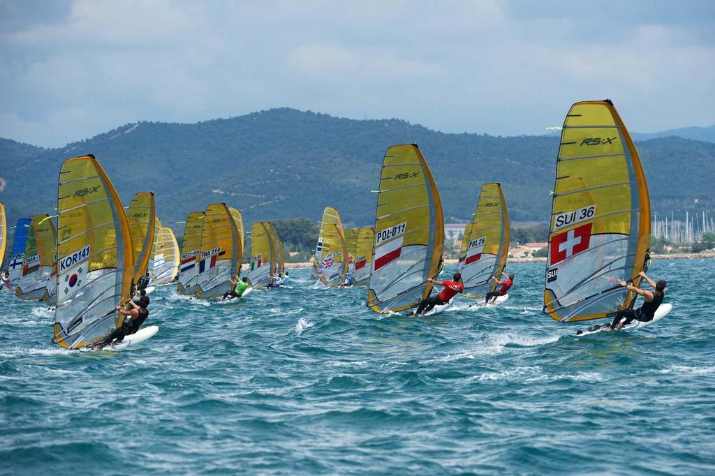 Men’s RS:X - SUI36 Mateo Sanz Lanz - POL11 Marcin Urbanowicz - KOR141 Wonwoo Cho - 2014 ISAF Sailing World Cup Hyeres, Day 2 ©  Franck Socha / ISAF Sailing World Cup Hyeres http://swc.ffvoile.fr/