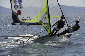 Dyen and Christidis, 49er medal race - 2014 ISAF Sailing World Cup Hyeres photo copyright Franck Socha taken at  and featuring the  class