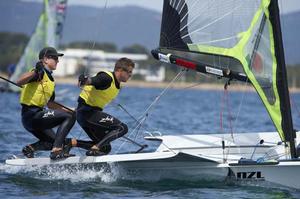 Peter Burling and Blair Tuke, 49er medal race - 2014 ISAF Sailing World Cup Hyeres photo copyright Franck Socha taken at  and featuring the  class