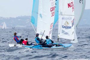 Sophie Weguelin and Eilidh McIntyre (GBR) - Jo Aleh and Polly Powrie (NZL), 470 Women - 2014 ISAF Sailing World Cup Hyeres photo copyright Thom Touw http://www.thomtouw.com taken at  and featuring the  class