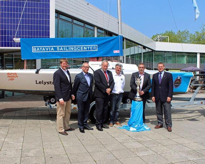 (L-R) Tour Director, Craig Mitchell; Lelystad Alderman of Sports, John van der Heuvel ; Deputy Mayor of Lelystad, Jop Fackeldey; Race Officer Alex Hoeve; CEO of Batavia Sailing Center and Event Promoter of the Dutch Match Cup, Joop van Diest and AWMRT Executive Director, James Pleasance. © WMRT http://www.worldmatchracingtour.com