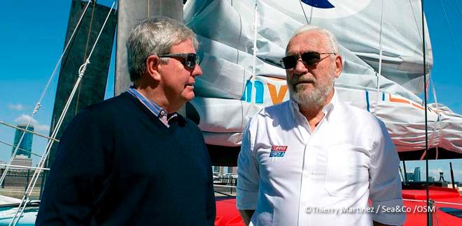 Sir Keith Mills (GBR) and Sir Robin Knox-Johnston (GBR) at North Cove marina (NY) , the day prior to the start of IMOCA OCEAN MASTERS NY-BCN.<br />
 © Thierry Martinez / Sea&Co / OSM