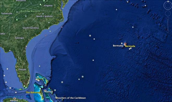 Bermuda is located about 650nm off the US coast and is a British Overseas Territory © Google Earth