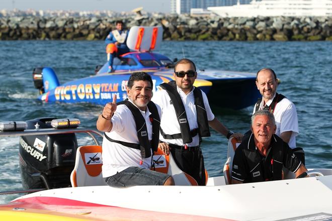 Maradona and Dr Khalid Al Zahed - UIM Skydive Dubai XCAT World Series in Naples, Italy 2014 © UIM Xcat Middle East Championships http://www.uimpowerboating.com/