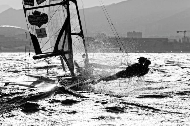 49erFX pair Sarah Steyaert and Julie Bossard training during a sunny and windy day in Marseille, France. © Christophe Launay