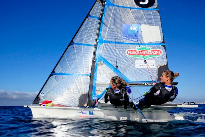 49erFX pair Sarah Steyaert and Julie Bossard training during a sunny and windy day in Marseille, France. © Christophe Launay