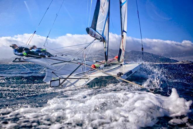 49erFX pair Sarah Steyaert and Julie Bossard training during a sunny and windy day in Marseille, France. © Christophe Launay
