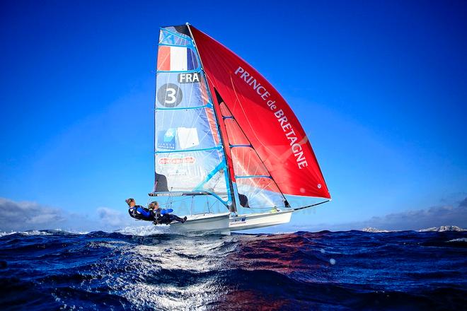 49erFX pair Sarah Steyaert and Julie Bossard training during a sunny and windy day in Marseille, France. © Christophe Launay