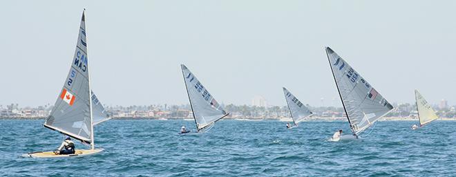 Greg Douglas (l.) tracks Caleb Paine (r.) downwind in last race of Finn North Americans at ABYC © Rich Roberts