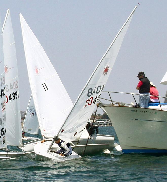 Day 1 leader Erik Bowers (11) had worse luck Sunday when he hit the committee boat's anchor line - ABYC Memorial Day Regatta 2014 © Rich Roberts