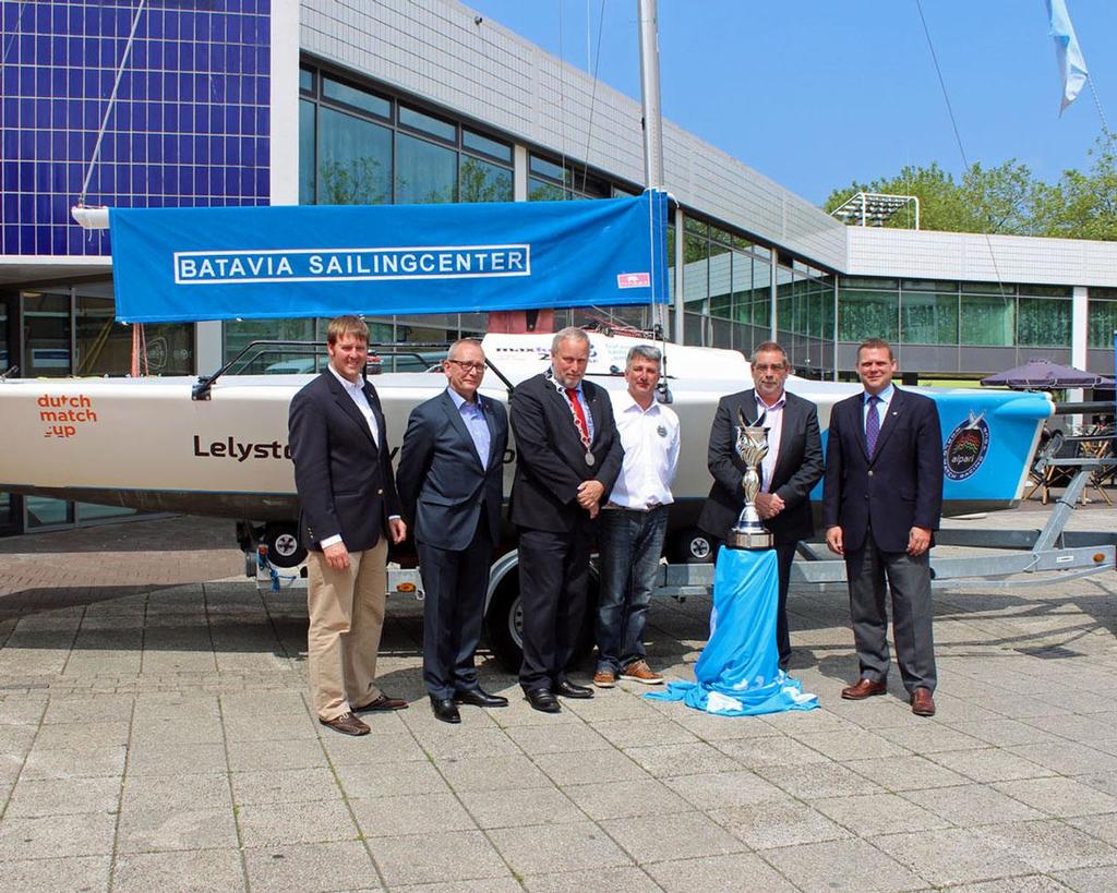 (L-R) Tour Director, Craig Mitchell; Lelystad Alderman of Sports, John van der Heuvel ; Deputy Mayor of Lelystad, Jop Fackeldey; Race Officer Alex Hoeve; CEO of Batavia Sailing Center and Event Promoter of the Dutch Match Cup, Joop van Diest and AWMRT Executive Director, James Pleasance. photo copyright WMRT http://www.worldmatchracingtour.com taken at  and featuring the  class