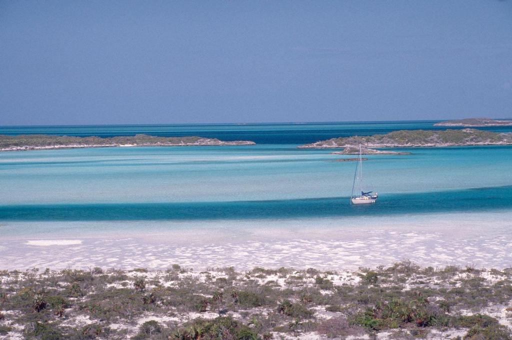 One of the most beautiful spots in the Bahamas is Warderick Wells where there are ribbons of blue water with the varying shallow depths. © Paul Shard