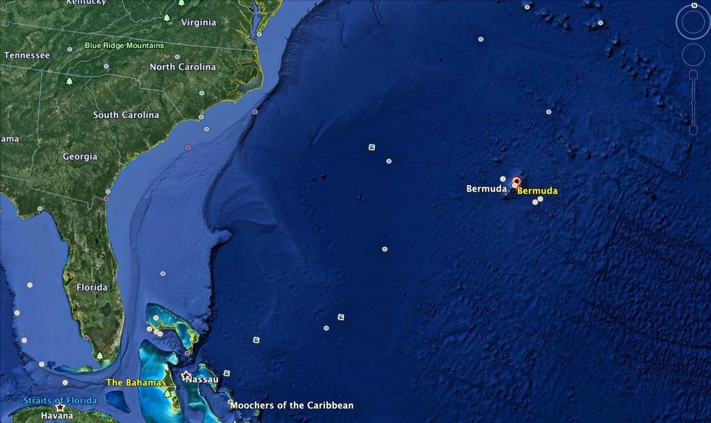 Bermuda is located about 650nm off the US coast and is a British Overseas Territory © Google Earth