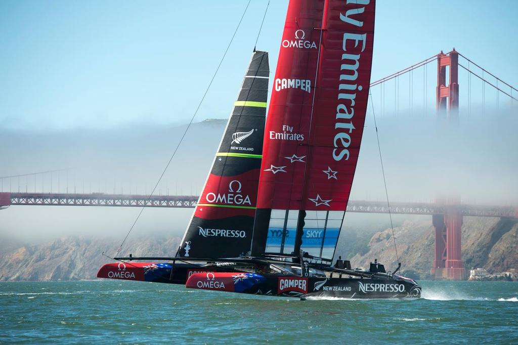 Emirates Team New Zealand's AC72, NZL5 runs race drills with Luna Rossa in their build up to meet Oracle Racing in the America's Cup. 30/8/2013. photo copyright Chris Cameron/ETNZ http://www.chriscameron.co.nz taken at  and featuring the  class