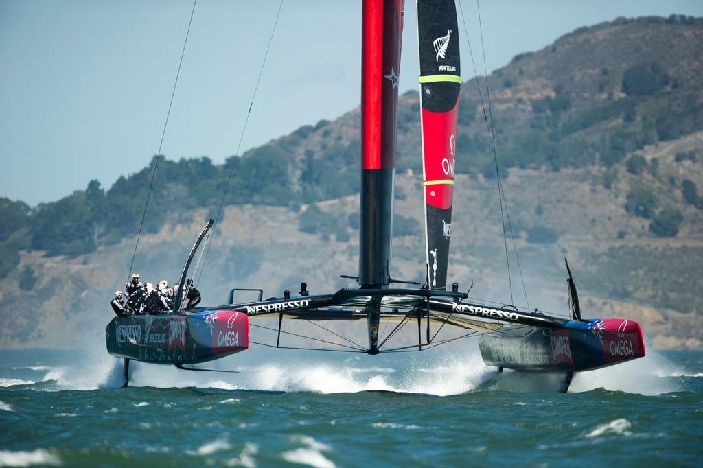 Emirates Team New Zealand practice the first reaching leg  before racing.safety was big factor in opting for foiling boats © Chris Cameron/ETNZ http://www.chriscameron.co.nz