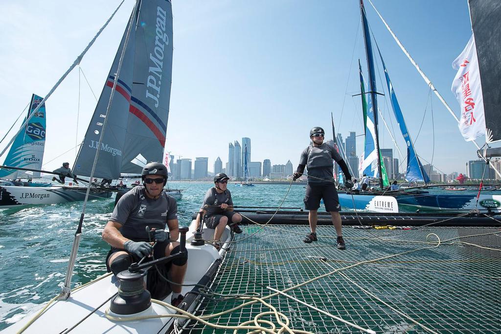 On board the Emirates Team New Zealand Extreme 40 on day three of the Land Rover Extreme Sailing Series regatta in Qingdao, China. 3/5/2014 photo copyright Chris Cameron/ETNZ http://www.chriscameron.co.nz taken at  and featuring the  class