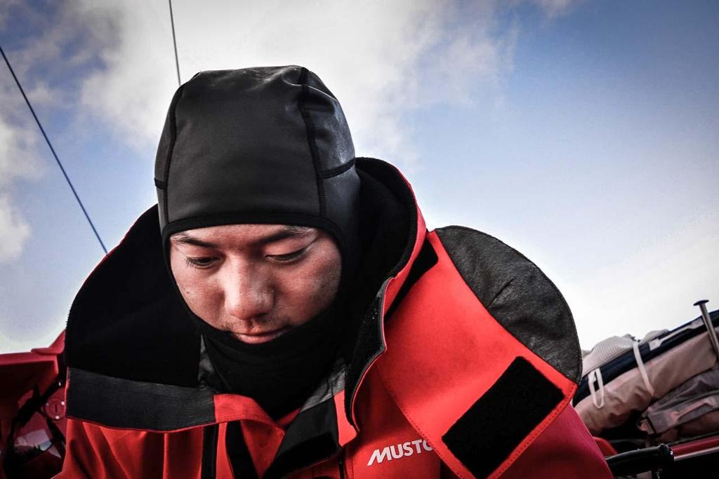 Chinese sailor Horace early morning onboard Dongfeng - looks forward to a busy day ahead. photo copyright Dongfeng Race Team taken at  and featuring the  class