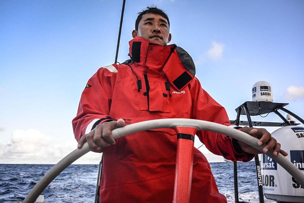 Kong steers Dongfeng with pride during the team's transatlantic crossing from Newport to Lorient © Dongfeng Race Team