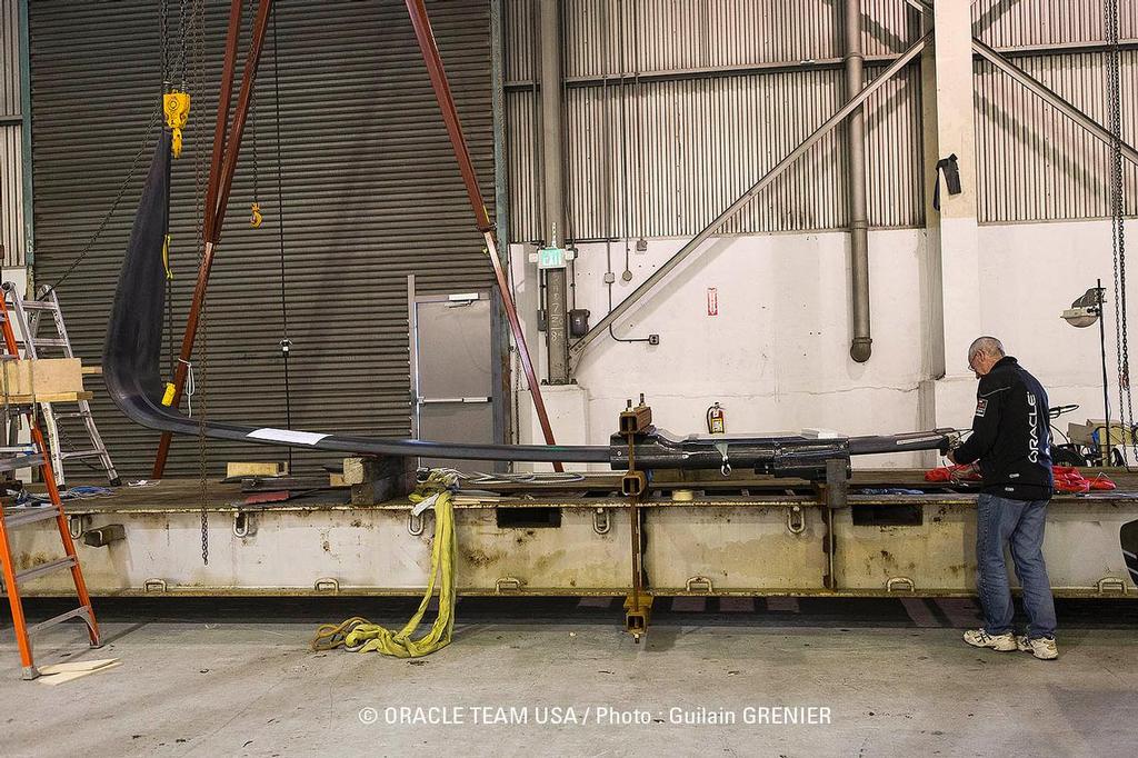 AC 72 foil at rest on the test bed located in the  Boat 1 Repair and Boat 2 building - taken in February 2013 when the team was in the building of Boat 2 and repair of Boat 1 phase. photo copyright Guilain Grenier Oracle Team USA http://www.oracleteamusamedia.com/ taken at  and featuring the  class