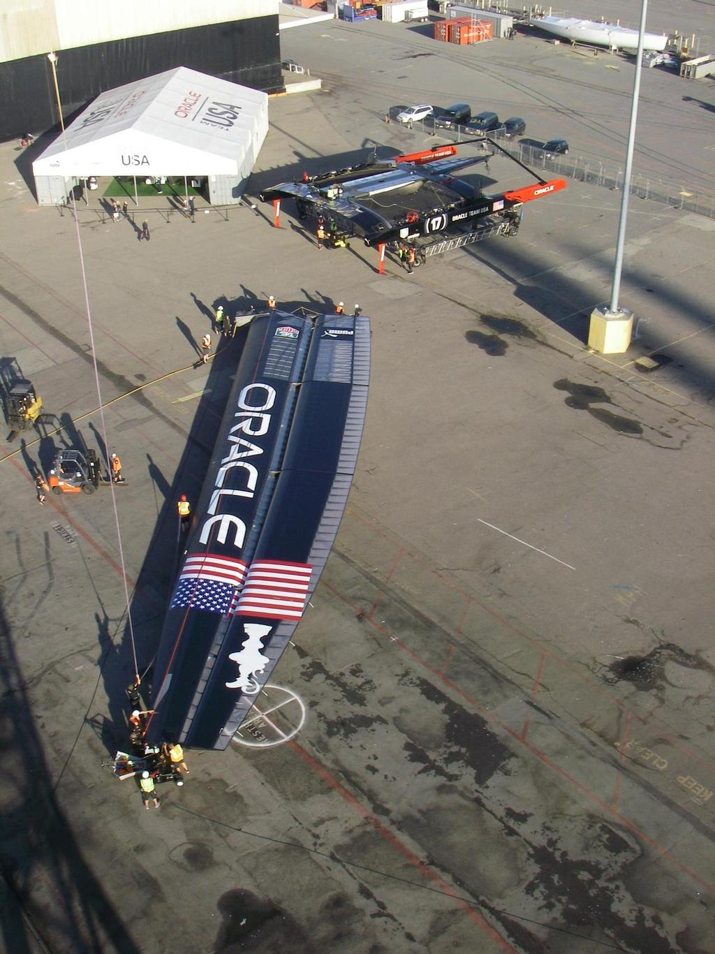 Oracle Team USA wingsail in the ground showing proportions. Wingsails will be one design in the new AC62 class rule. © Neil Wilkinson - OTUSA