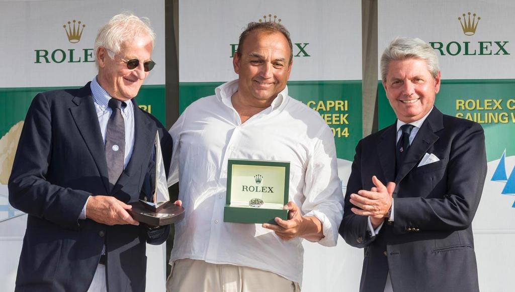 Prizegiving ceremony - 2014 Rolex Capri Sailing Week: Claus-Peter Offen, President IMA; Enrico Gorziglia, Good Job Guys; Gian Riccardo Marini, General Director of Rolex SA photo copyright  Rolex / Carlo Borlenghi http://www.carloborlenghi.net taken at  and featuring the  class