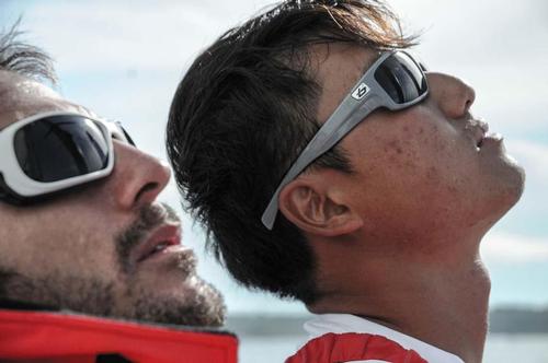 Eric Peron and Jin Hao Chen (Horace) checking the rig as the team leave Newport © Pedro Freitas /Volvo Ocean Race