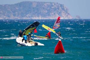 Moussilmani goes down during the 2014 PWA Catalunya World Cup photo copyright  Carter/pwaworldtour.com http://www.pwaworldtour.com/ taken at  and featuring the  class