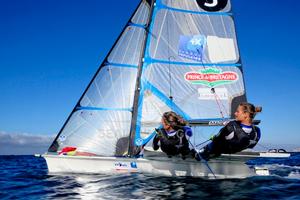 49erFX pair Sarah Steyaert and Julie Bossard training during a sunny and windy day in Marseille, France. photo copyright Christophe Launay taken at  and featuring the  class