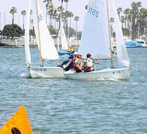 Stu Robertson (r.) crosses  Lido 14 rival Bruce Golison on way  to close win in Lido 14-A class  - ABYC Memorial Day Regatta 2014 photo copyright Rich Roberts taken at  and featuring the  class