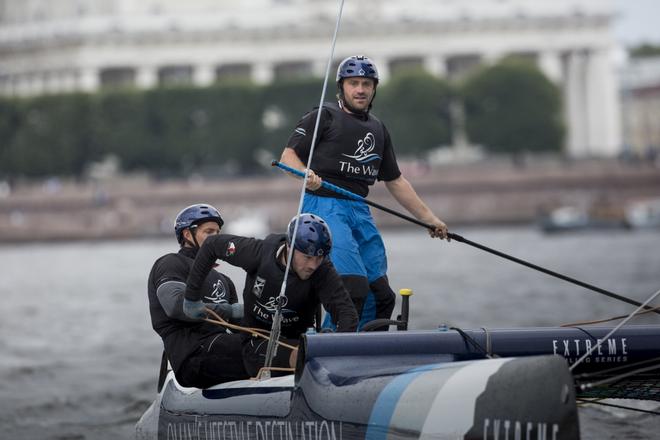 The Extreme Sailing Series 2014. Act4. St Petersburg.Russia.The Wave, Muscat. Skippered by Leigh McMillan (GBR) with tactician Sarah Ayton (GBR), trimer Peter Greenhalgh (GBR), headsail trimer Kinley Fowler (NZL) and bowman Nasser Al Mashari (OMA). - Extreme Sailing Series Act 4 2014 © Lloyd Images