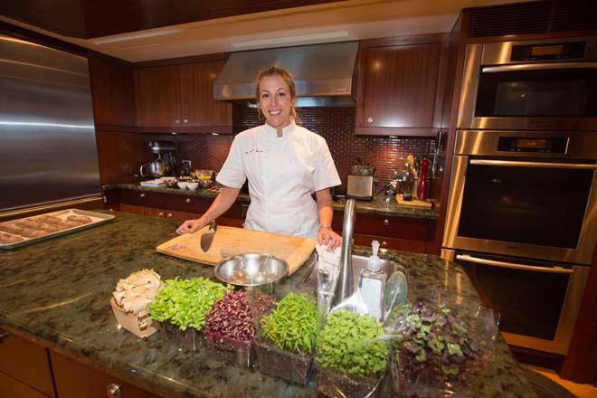 Chef Esther Rupenovic in the galley of the 151-foot motor yacht Katya where she prepared her winning 