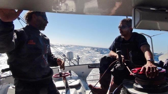 Co-Skippers Guillermo Altadill and Jose Munoz talk about the days forcast on board Neutrogena - 2014 IMOCA Ocean Masters New York to Barcelona Race © Neutrogena