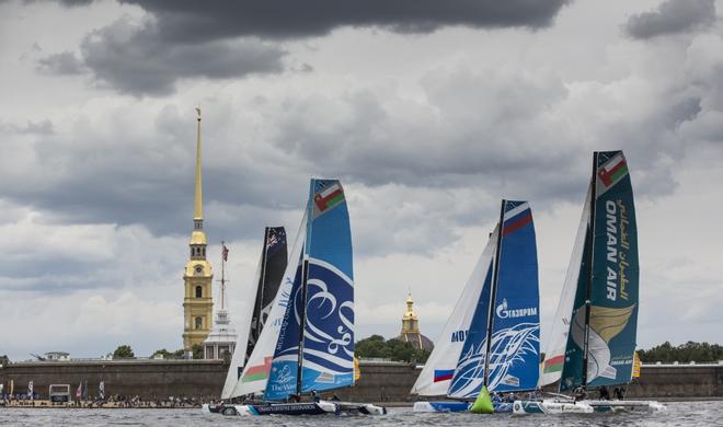 The Extreme Sailing Series 2014. Act4. St Petersburg.Russia.Oman Air skippered Rob Greenhalgh (GBR) with The Wave, Muscat skippered by Leigh McMillan.  © Lloyd Images