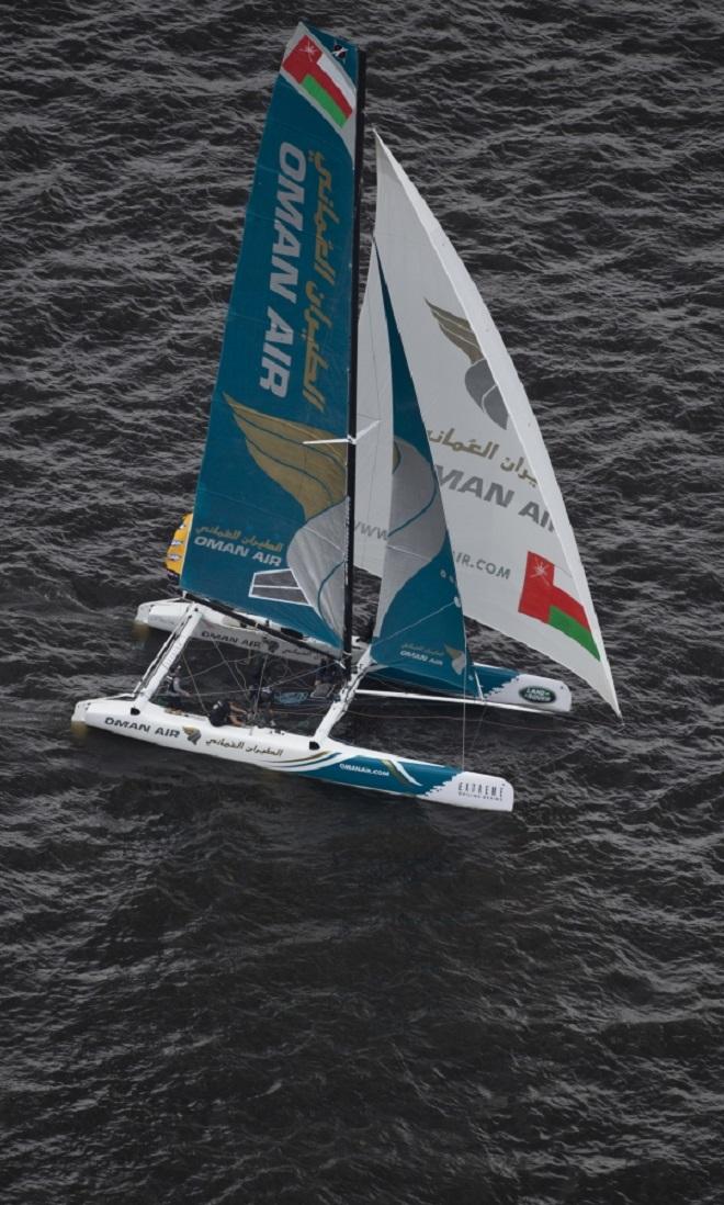 The Extreme Sailing Series 2014. Act4. St Petersburg.Russia.Oman Air skippered Rob Greenhalgh (GBR) with Headsail Trimmer Kyle Langford (AUS),Trimmer Tom Johnson (AUS), Bowman Hashim Al Rashdi (OMA) and Bowman Musab Al Hadi (OMA). © Lloyd Images