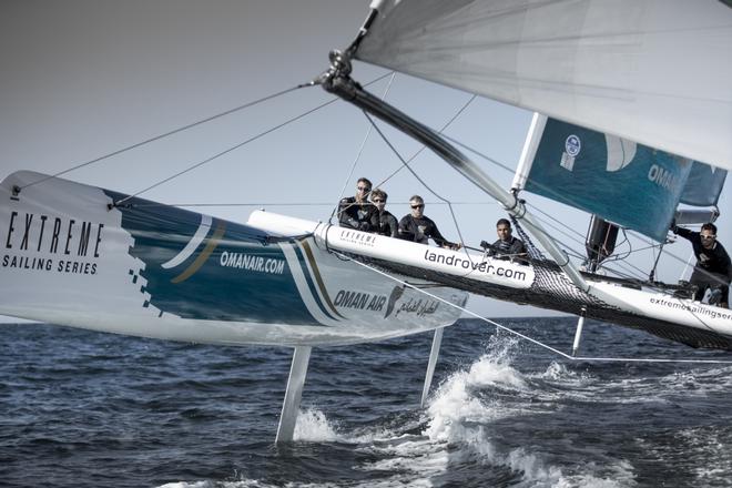 The Extreme Sailing Series 2014. Act 2. Muscat. Oman Air skippered Rob Greenhalgh (GBR) with headsail trimer Will Howden (GBR), trimer Tom Johnson (AUS), bowman Hashim Al Rashdi (OMA) and bowman Musab Al Hadi (OMA).   © Lloyd Images