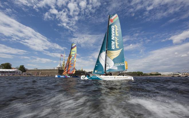 The Extreme Sailing Series 2014. Act4. St Petersburg. Oman Air skippered Rob Greenhalgh (GBR) with Headsail Trimmer Kyle Langford (AUS),Trimmer Tom Johnson (AUS), Bowman Hashim Al Rashdi (OMA) and Bowman Musab Al Hadi (OMA).   © Lloyd Images