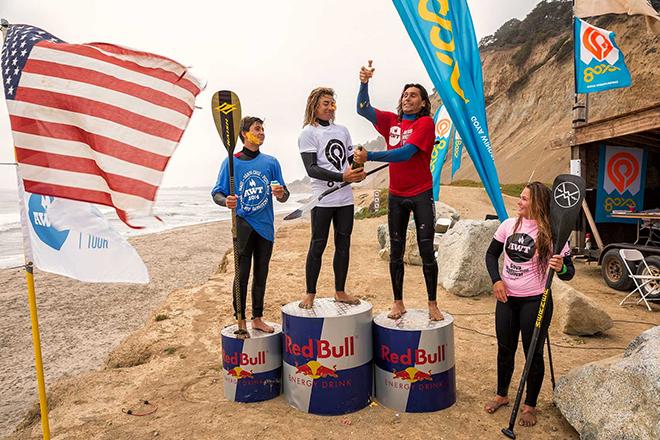 Josh Stone popping the champagne for winner Bernd Roediger © American Windsurfing Tour http://americanwindsurfingtour.com/