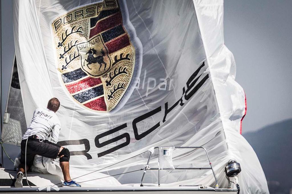 Team Alpari FX dropping the spinnaker during Qualifying at Match Race Germany. ©  Ian Roman / WMRT