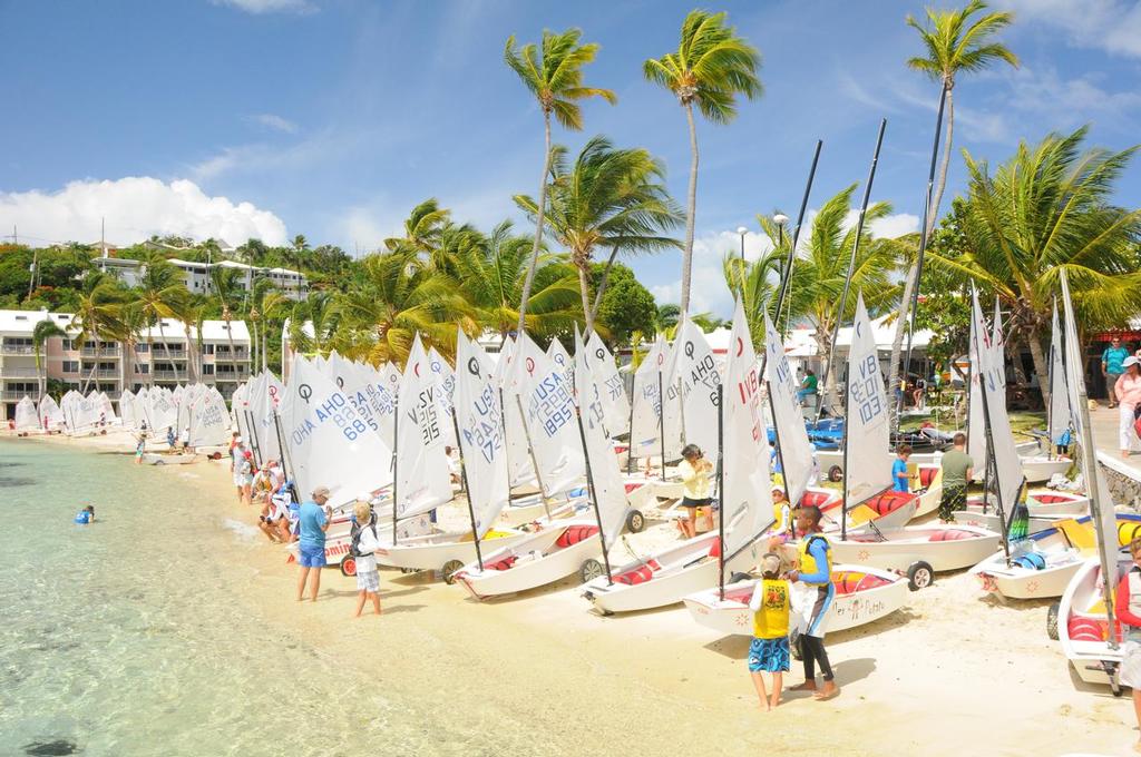 Optimists lined up and ready to launch from the beach at the St. Thomas Yacht Club. Credit: Dean Barnes photo copyright Dean Barnes taken at  and featuring the  class