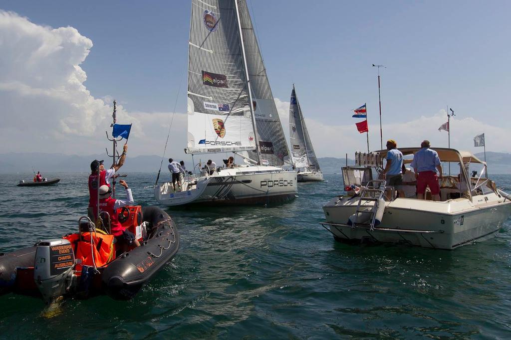 2014 Match Race Germany - Keith Swinton is given a penalty after hitting the committee boat, already trailing Ian Williams. photo copyright  Ian Roman / WMRT taken at  and featuring the  class