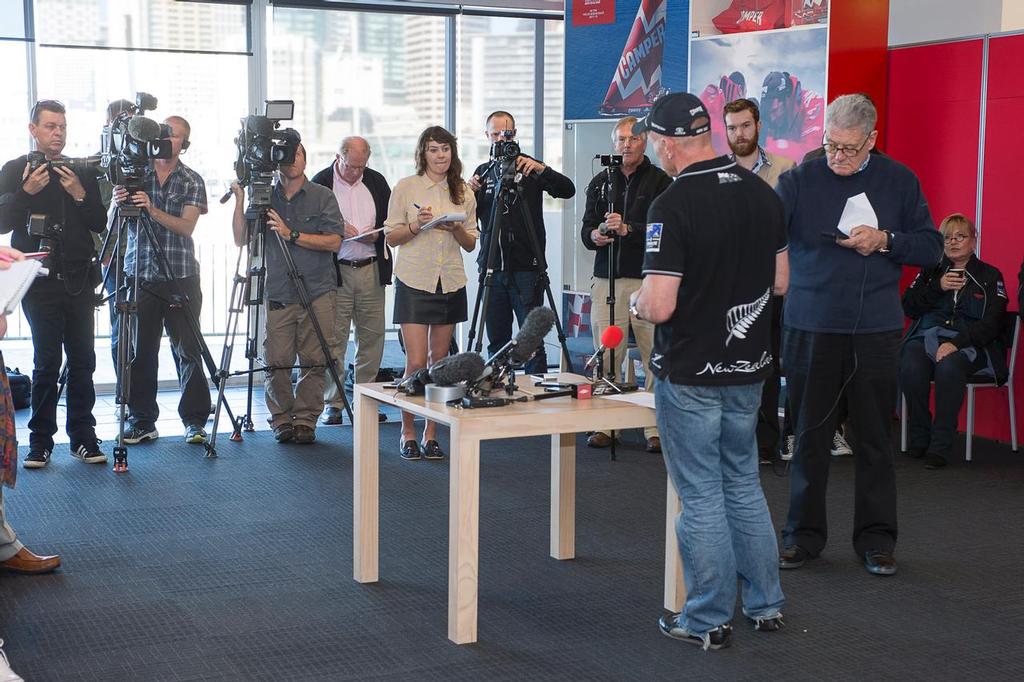 Grant Dalton, Emirates Team New Zealand Managing Director talks to media at a press conference at the team's base in Auckland. 13/6/2014 photo copyright Chris Cameron/ETNZ http://www.chriscameron.co.nz taken at  and featuring the  class