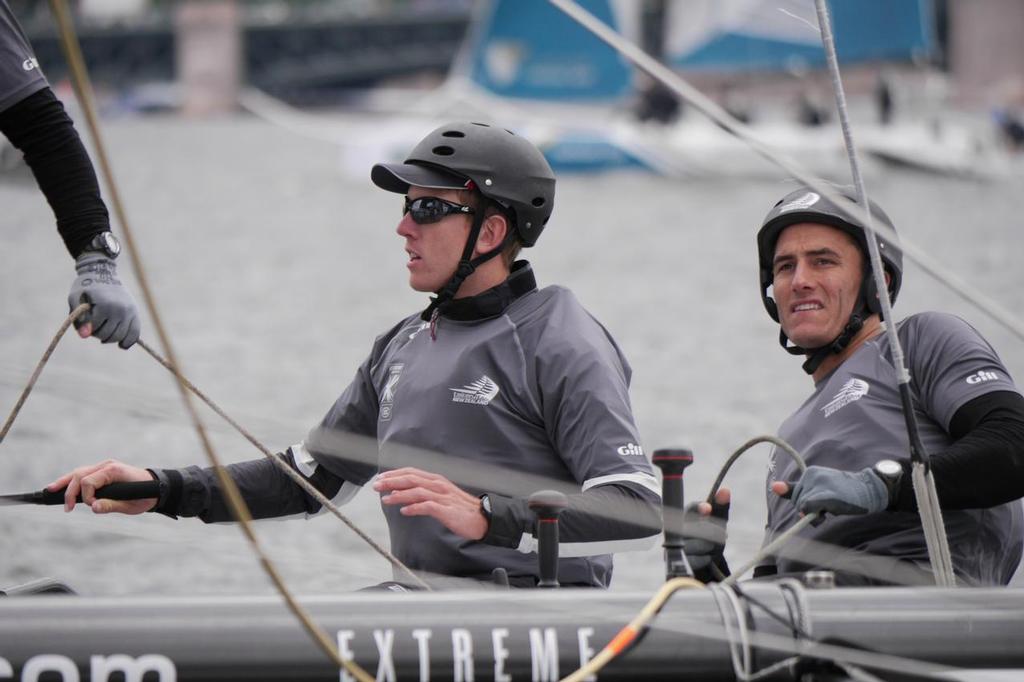 Emirates Team New Zealand helmsman Peter Burling and Blair Tuke racing during practice racing at the  Extreme Sailing Series in St Petersburg, Russia © Hamish Hooper/Emirates Team NZ http://www.etnzblog.com