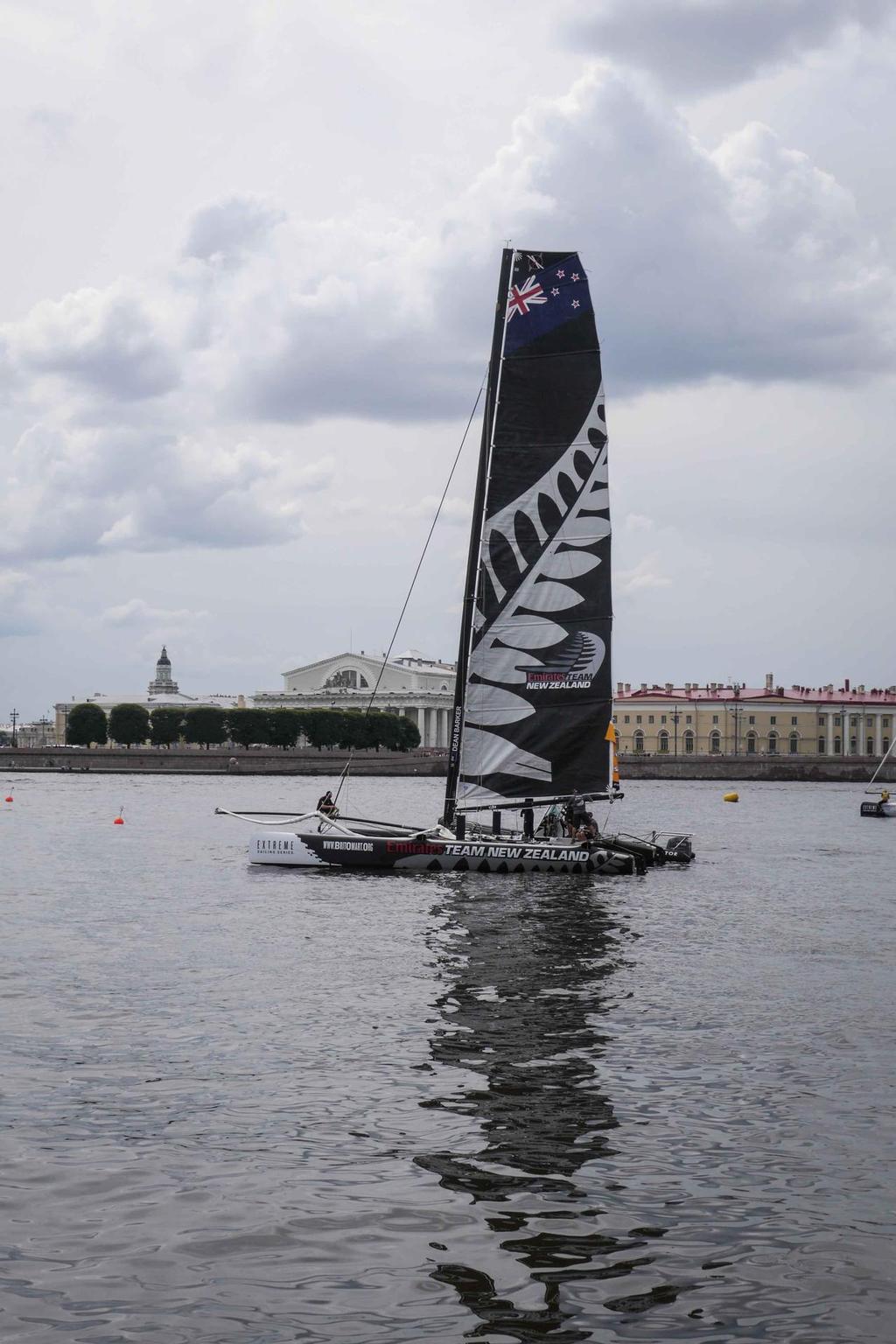 Emirates Team New Zealand yacht gets ready for racing on the final day of Act 4 of the Extreme Sailing Series in St Petersburg, Russia photo copyright Hamish Hooper/Emirates Team NZ http://www.etnzblog.com taken at  and featuring the  class
