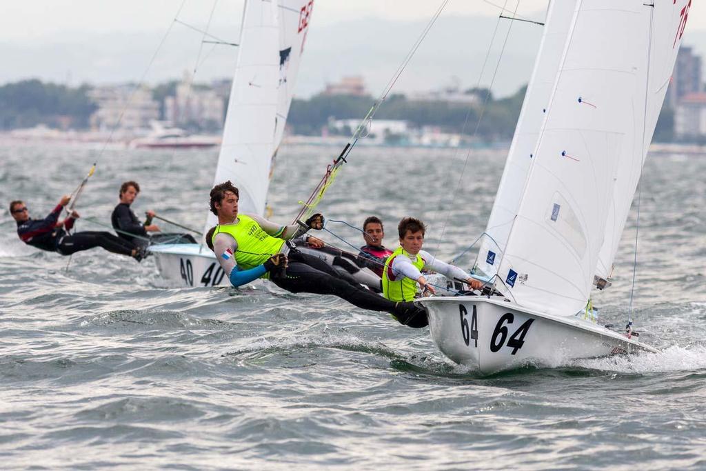 Day 2, 470 Junior World Championship - Guillaume Pirouelle/Valentin Sipan (FRA-76) lead over Jordi Xammar/Joan Herp (ESP-44) photo copyright Zerogradinord.it taken at  and featuring the  class