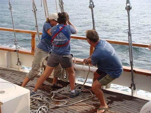 SV Mystic Crew working the ship © OHPRI/Barby MacGowan