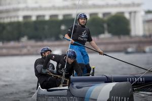 The Extreme Sailing Series 2014. Act4. St Petersburg.Russia.The Wave, Muscat. Skippered by Leigh McMillan (GBR) with tactician Sarah Ayton (GBR), trimer Peter Greenhalgh (GBR), headsail trimer Kinley Fowler (NZL) and bowman Nasser Al Mashari (OMA). - Extreme Sailing Series Act 4 2014 photo copyright Lloyd Images taken at  and featuring the  class